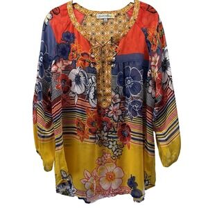 Anthropologie Fig & Flower Top Women's L Blouse Multi Print Chiffon Boho Peasant